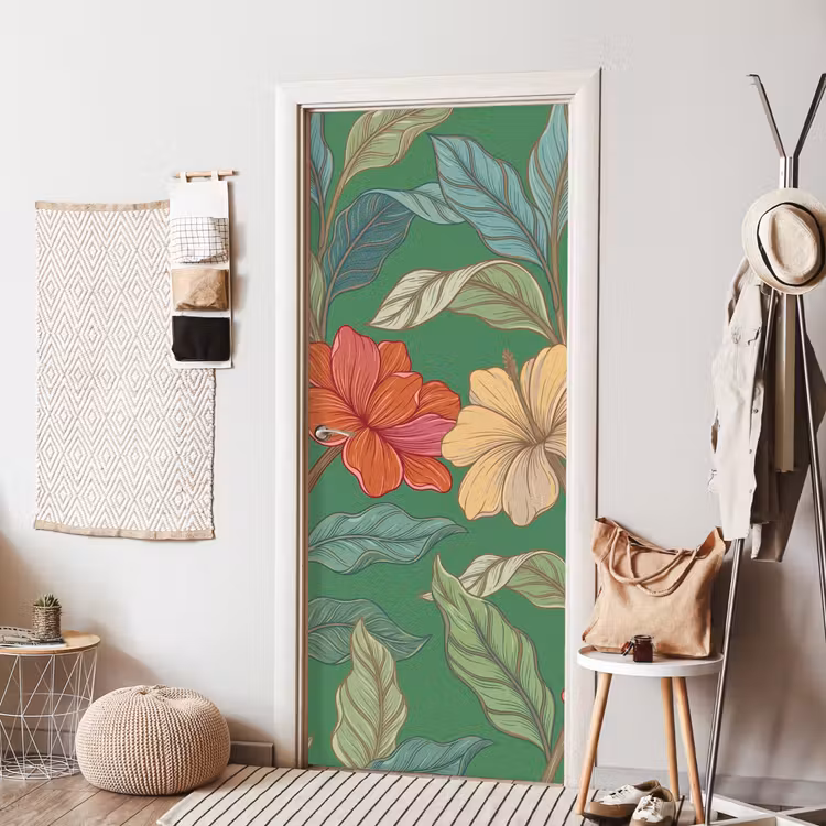 Türtapete - Blumen – Grün – Illustration - Bloemen - Groen - Illustratie deurposter klein
