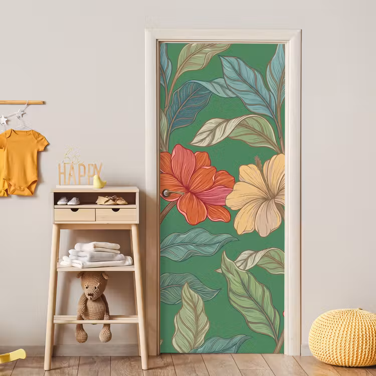 Türtapete - Blumen – Grün – Illustration - Bloemen - Groen - Illustratie deurposter klein