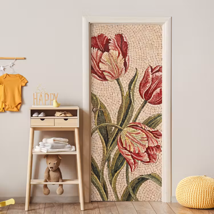 Bloemen - Mozaïek - Rood - Groen - Kunst deurposter klein -sfeer4