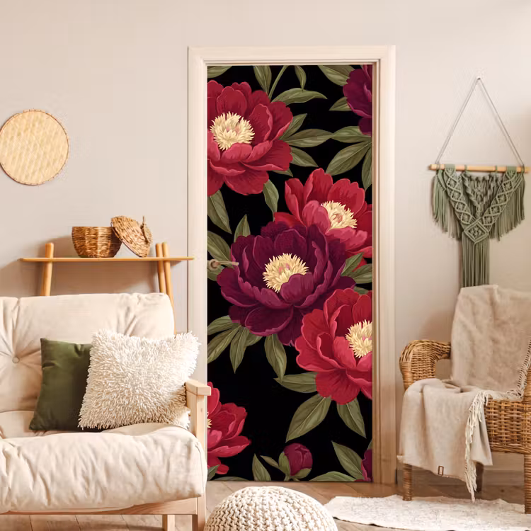 Bloemen - Patroon - Botanisch - Rood - Zwart deurposter klein -sfeer2