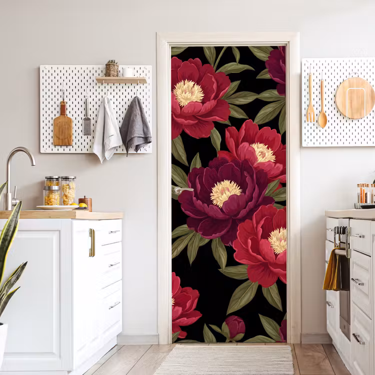 Bloemen - Patroon - Botanisch - Rood - Zwart deurposter klein -sfeer5