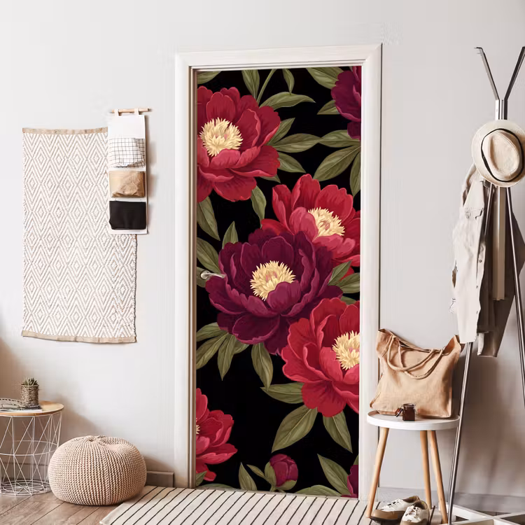 Bloemen - Patroon - Botanisch - Rood - Zwart deurposter klein -sfeer6