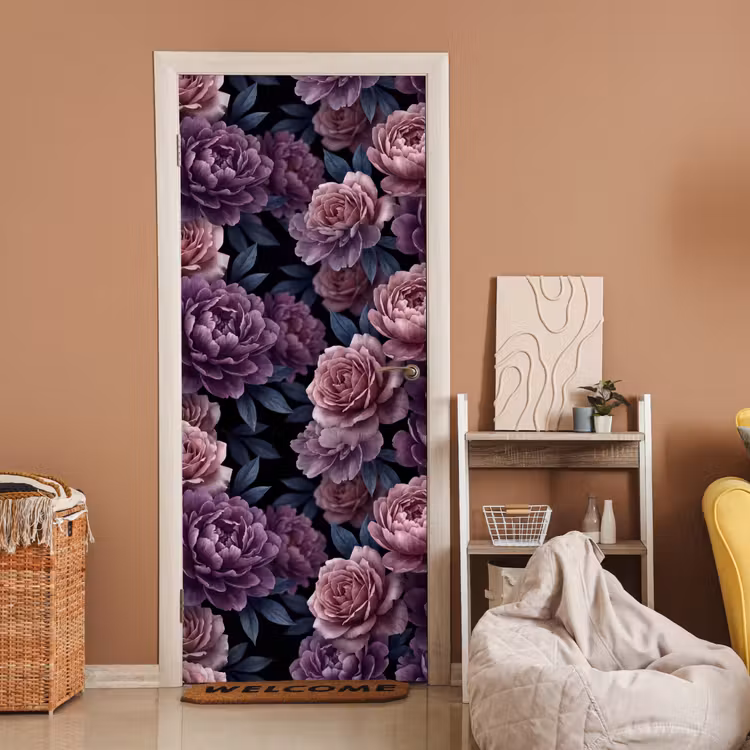Bloemen - Patroon - Donker - Botanisch - Paars deurposter klein -sfeer1