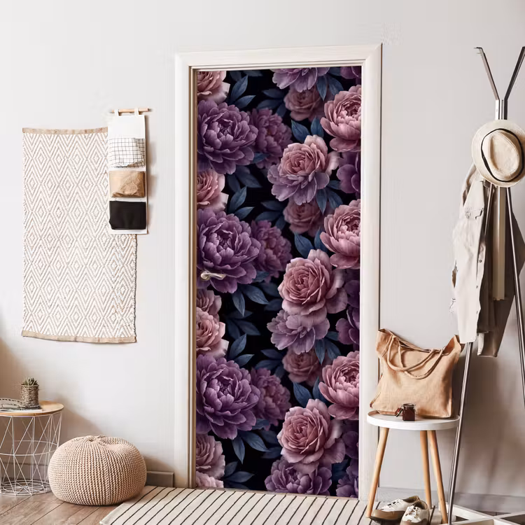 Bloemen - Patroon - Donker - Botanisch - Paars deurposter klein -sfeer6