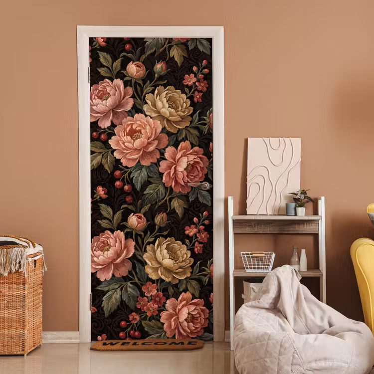 Bloemen - Patroon - Natuur - Vintage - Roze deurposter klein -sfeer1