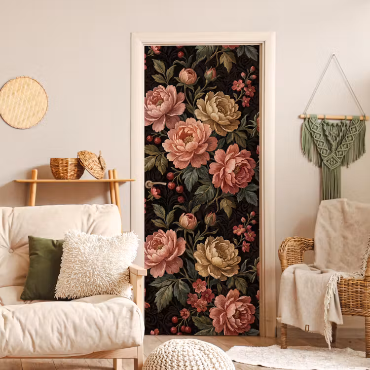 Bloemen - Patroon - Natuur - Vintage - Roze deurposter klein -sfeer2