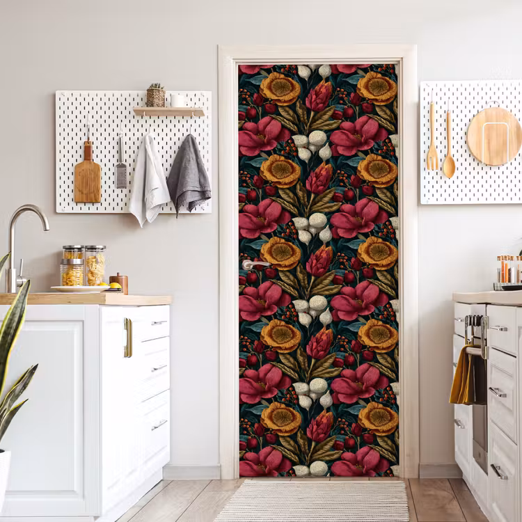 Bloemen - Patroon - Rood - Goud deurposter klein 289 -sfeer5