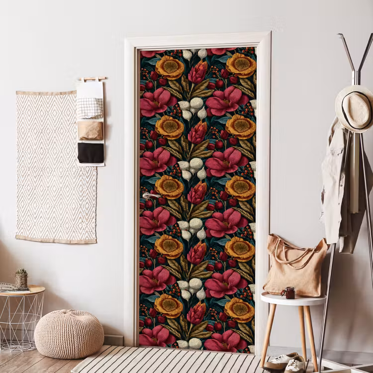 Bloemen - Patroon - Rood - Goud deurposter klein 289 -sfeer6