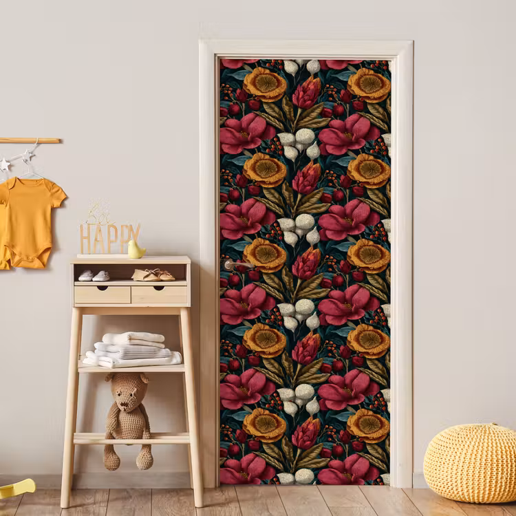 Bloemen - Patroon - Rood - Goud deurposter klein 289 -sfeer4