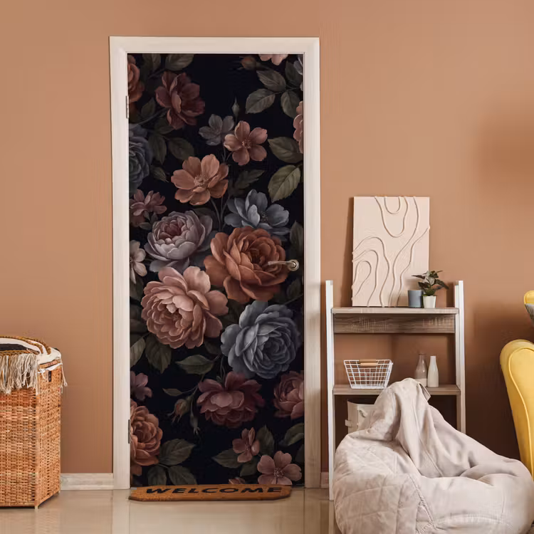 Bloemen - Patroon - Vintage - Donker - Roze deurposter klein -sfeer1