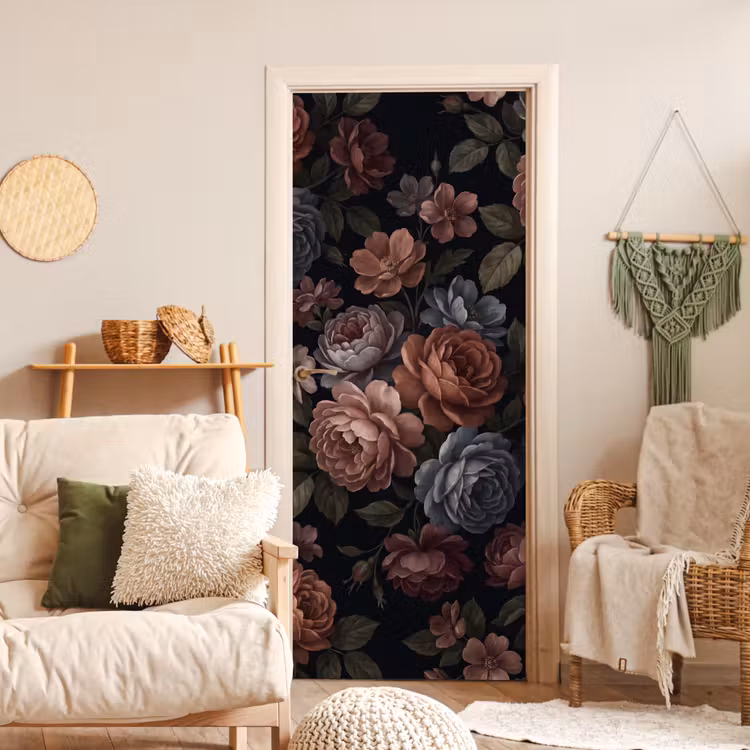 Bloemen - Patroon - Vintage - Donker - Roze deurposter klein -sfeer2