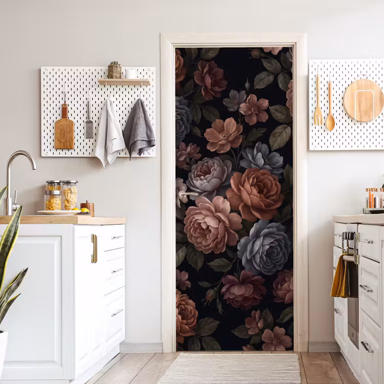 Bloemen - Patroon - Vintage - Donker - Roze deurposter klein -sfeer5