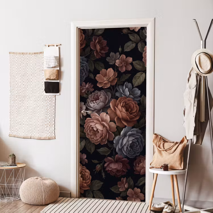Bloemen - Patroon - Vintage - Donker - Roze deurposter klein -sfeer6