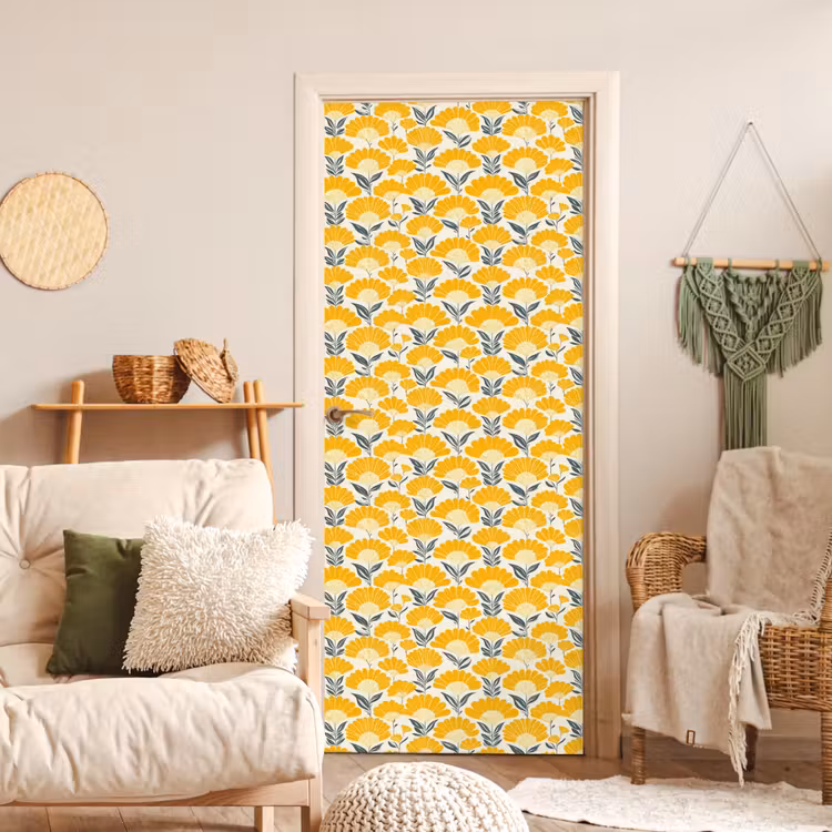 Bloemen - Retro - Botanisch - Okergeel - Grijs deurposter klein 289 -sfeer2