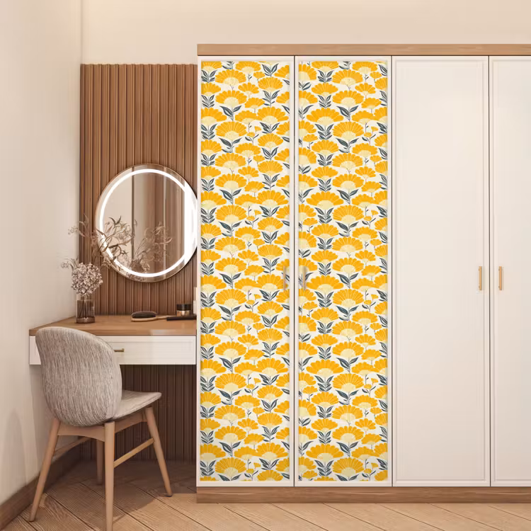 Bloemen - Retro - Botanisch - Okergeel - Grijs deurposter klein 289 -sfeer3