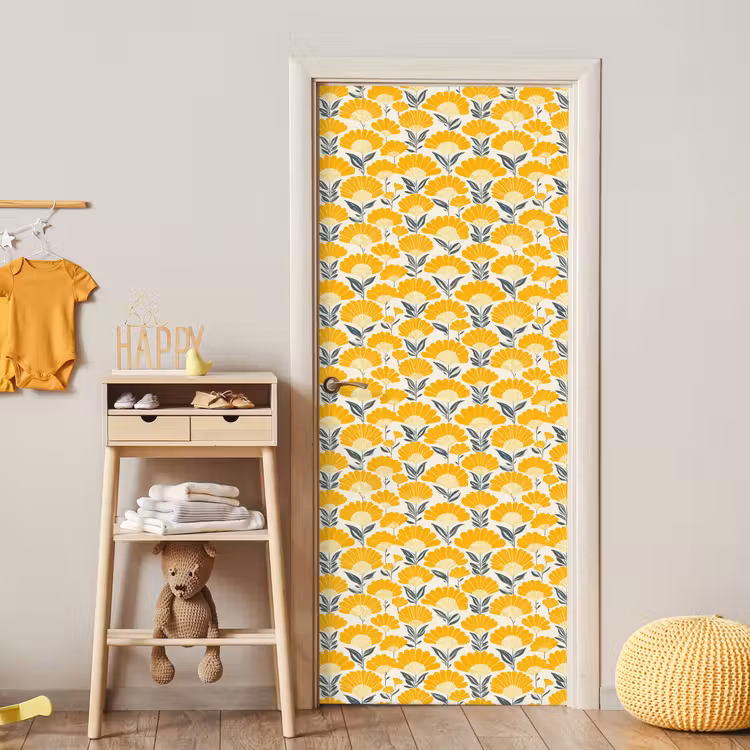 Bloemen - Retro - Botanisch - Okergeel - Grijs deurposter klein 289 -sfeer4