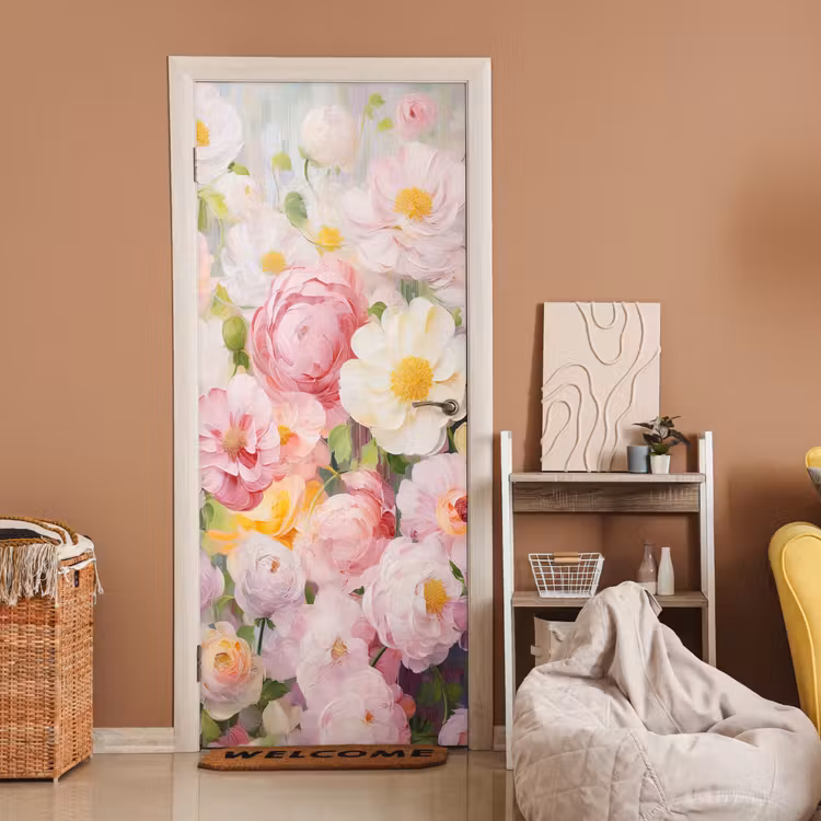 Bloemen - Roze - Botanisch - Kunst - Acrylverf deurposter klein -sfeer1