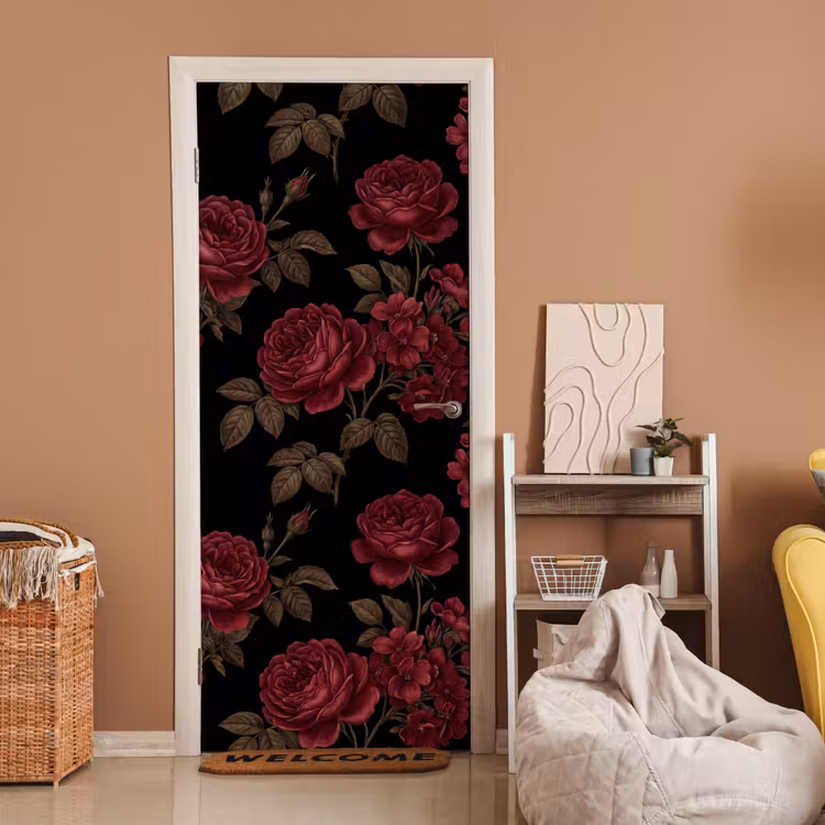 Bloemen - Roos - Patroon - Klassiek - Rood deurposter klein -sfeer1