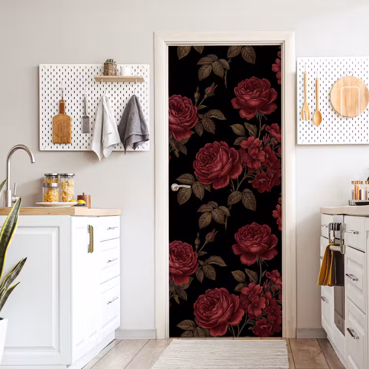 Bloemen - Roos - Patroon - Klassiek - Rood deurposter klein -sfeer5