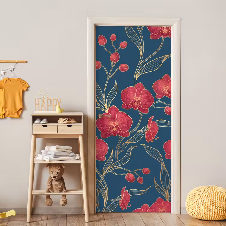 Türtapete - Blumen – Rot – Gold - Bloemen - Rood - Goud deurposter klein
