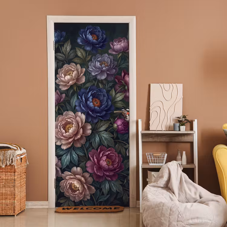 Bloemen - Vlinder - Natuur - Modern - Paars deurposter klein -sfeer1