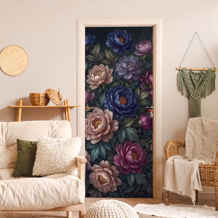 Bloemen - Vlinder - Natuur - Modern - Paars deurposter klein -sfeer2