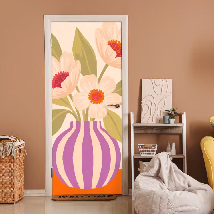 Bloemen - Vaas - Abstract - Paars - Oranje deurposter klein -sfeer1
