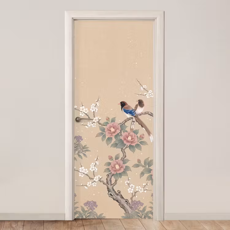 Bloemen - Vogels - Bloemen deurposter klein -3d_beige