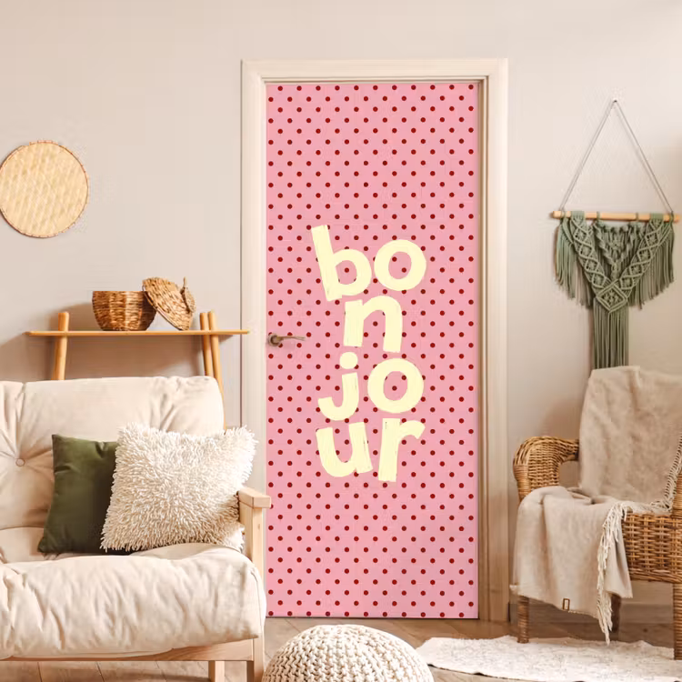 Bonjour - Stippen - Roze- Geel deurposter klein -sfeer2