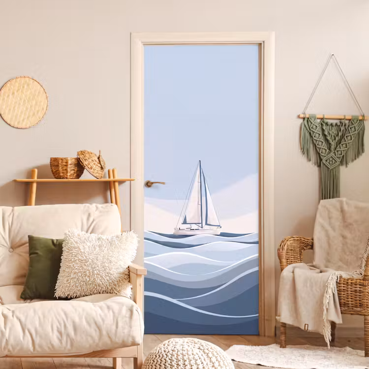 Boot - Zeil - Zee - Modern - Beige deurposter klein -sfeer2