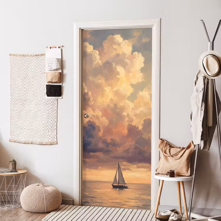 Boot - Zonsondergang - Zee - Natuur - Goud deurposter klein -sfeer6