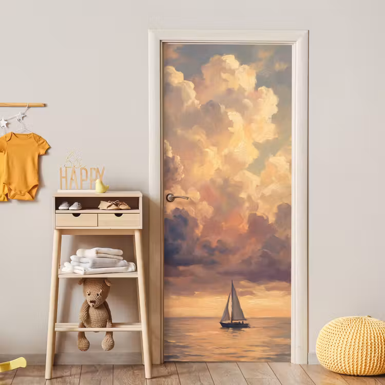 Boot - Zonsondergang - Zee - Natuur - Goud deurposter klein -sfeer4