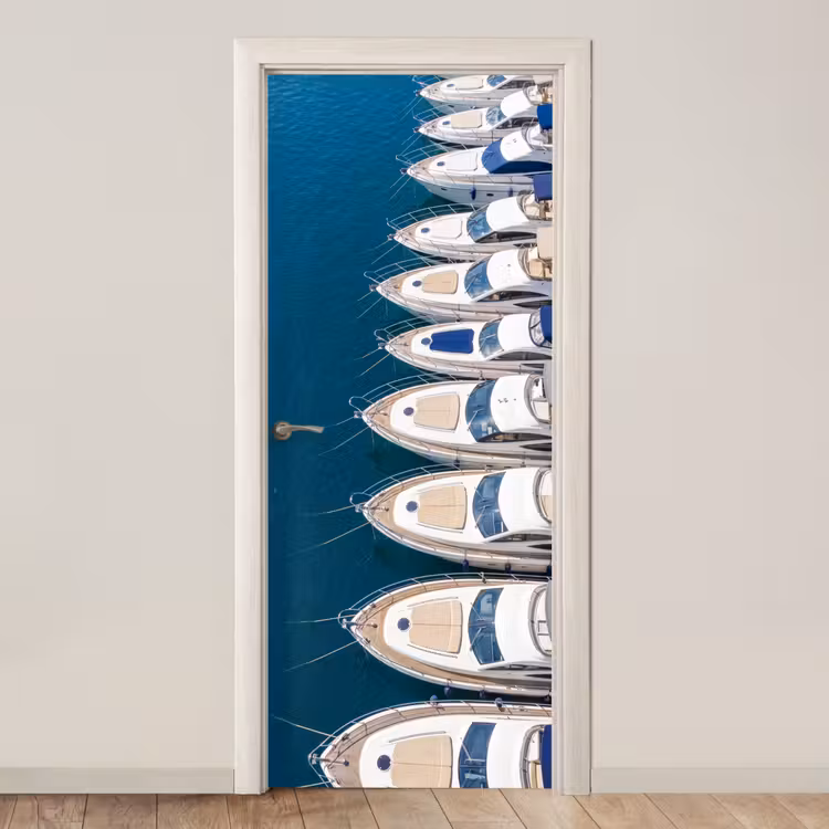 Boot - Jachthaven - Water - Zomer - Blauw deurposter klein -3d_beige