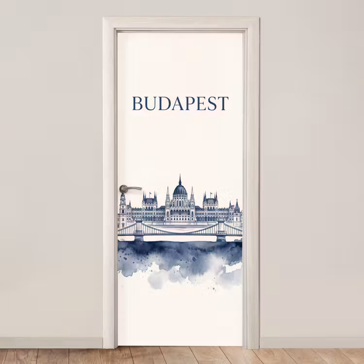 Boedapest - Skyline - Architectuur - Aquarel - Blauw deurposter klein -3d_beige