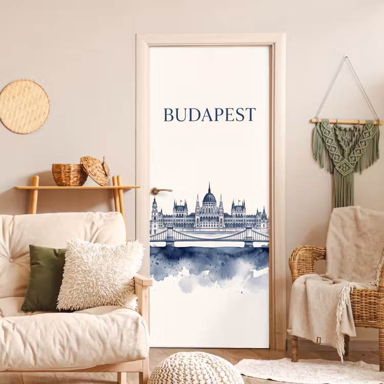 Boedapest - Skyline - Architectuur - Aquarel - Blauw deurposter klein -sfeer2