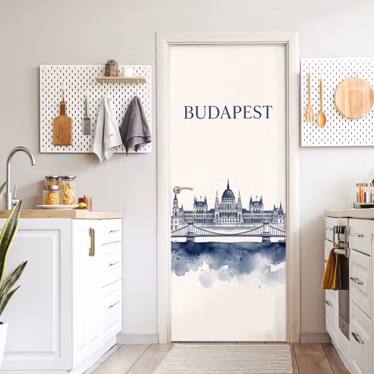 Boedapest - Skyline - Architectuur - Aquarel - Blauw deurposter klein -sfeer5
