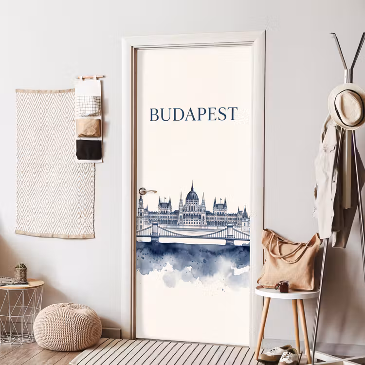 Boedapest - Skyline - Architectuur - Aquarel - Blauw deurposter klein -sfeer6