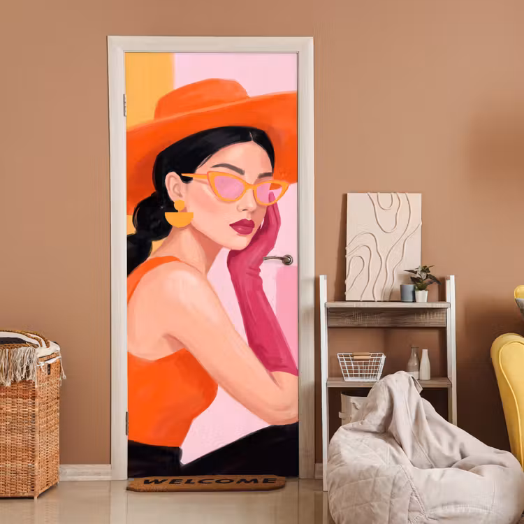 Vrouw - Hoed - Mode - Modern - Oranje deurposter klein -sfeer1