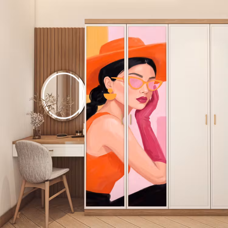 Vrouw - Hoed - Mode - Modern - Oranje deurposter klein -sfeer3