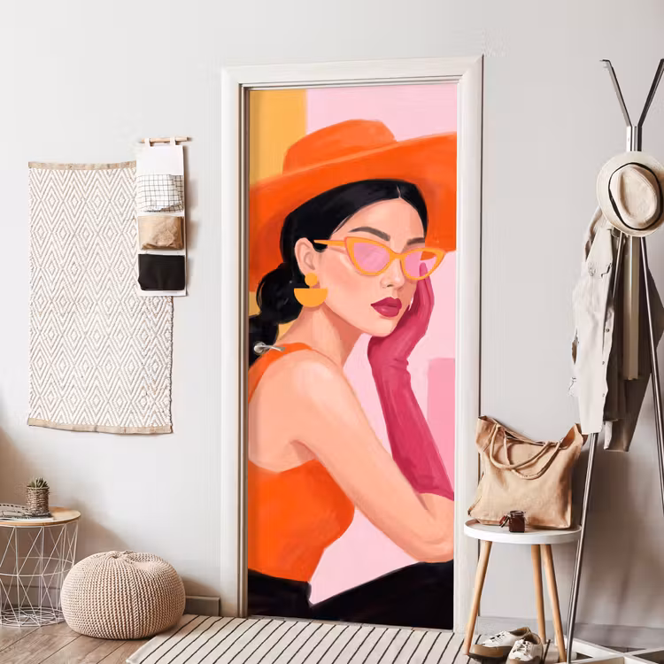 Vrouw - Hoed - Mode - Modern - Oranje deurposter klein -sfeer6