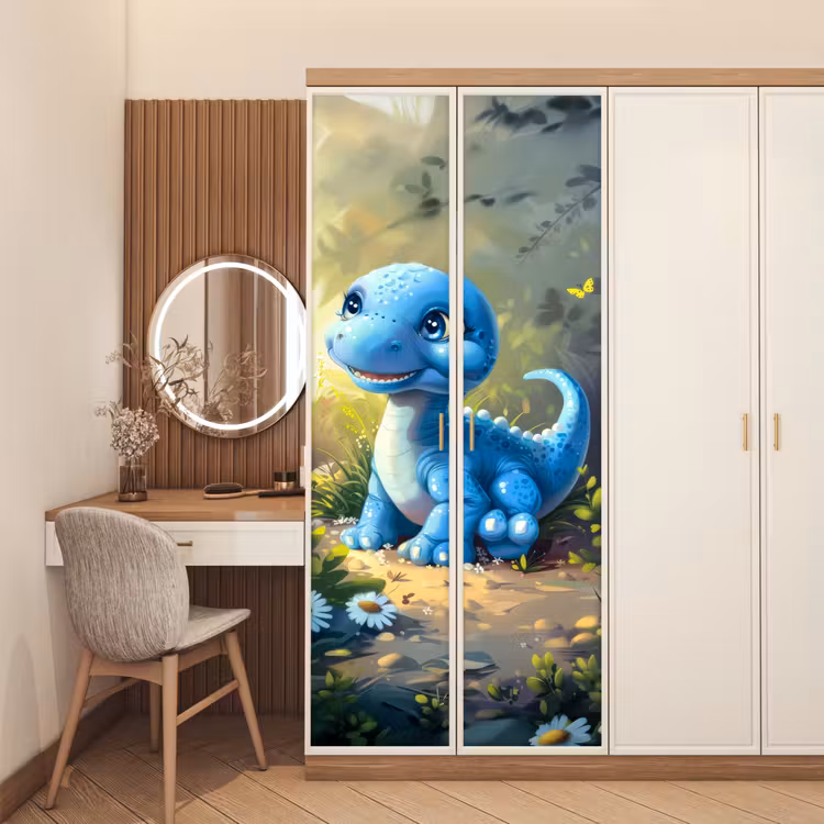 Dino - Blauw - Baby - Dinosaurus deurposter klein -sfeer3