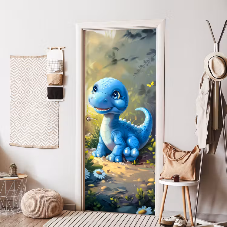 Dino - Blauw - Baby - Dinosaurus deurposter klein -sfeer6