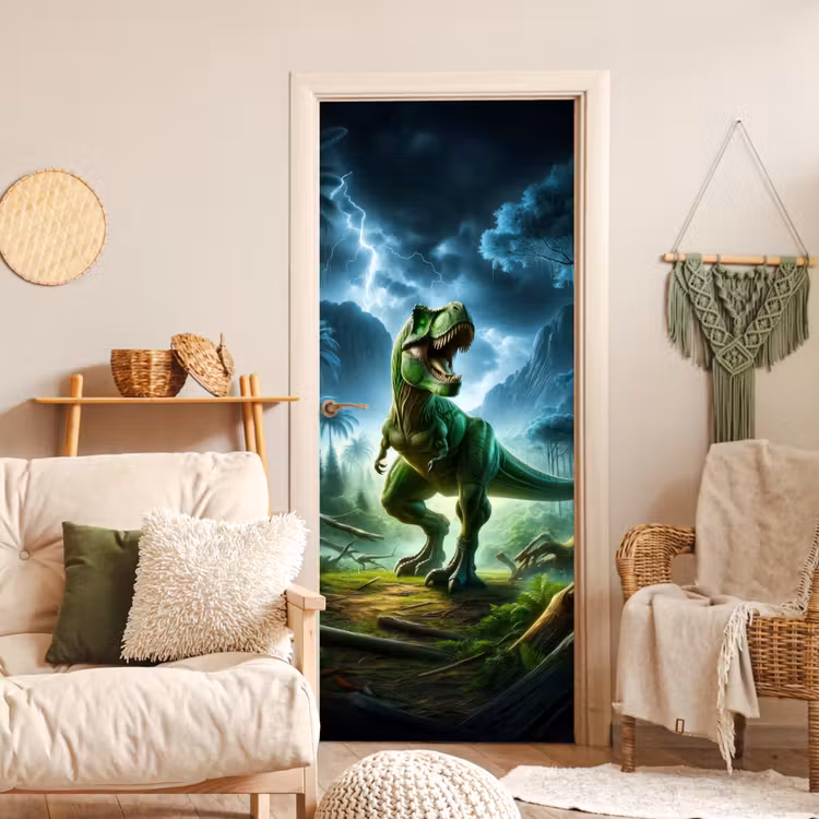 Dino - Jongens - Groen - Blauw - T-Rex deurposter klein -sfeer2