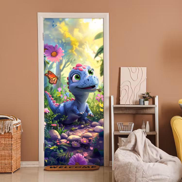 Dino - Paars - Baby - Dinosaurus deurposter klein -sfeer1