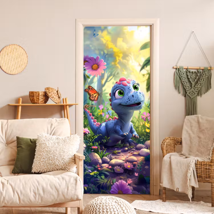 Dino - Paars - Baby - Dinosaurus deurposter klein -sfeer2