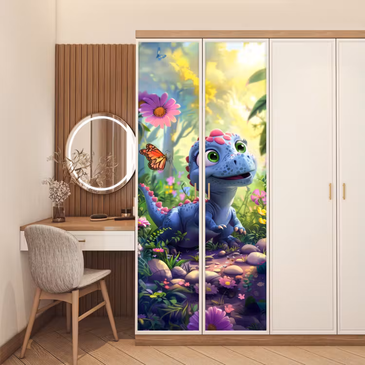 Dino - Paars - Baby - Dinosaurus deurposter klein -sfeer3