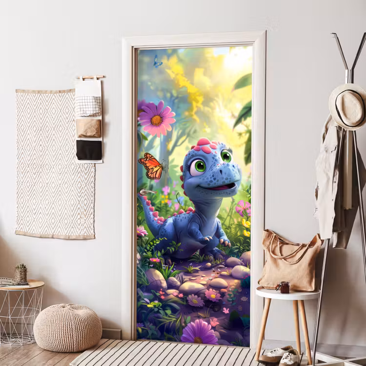 Dino - Paars - Baby - Dinosaurus deurposter klein -sfeer6