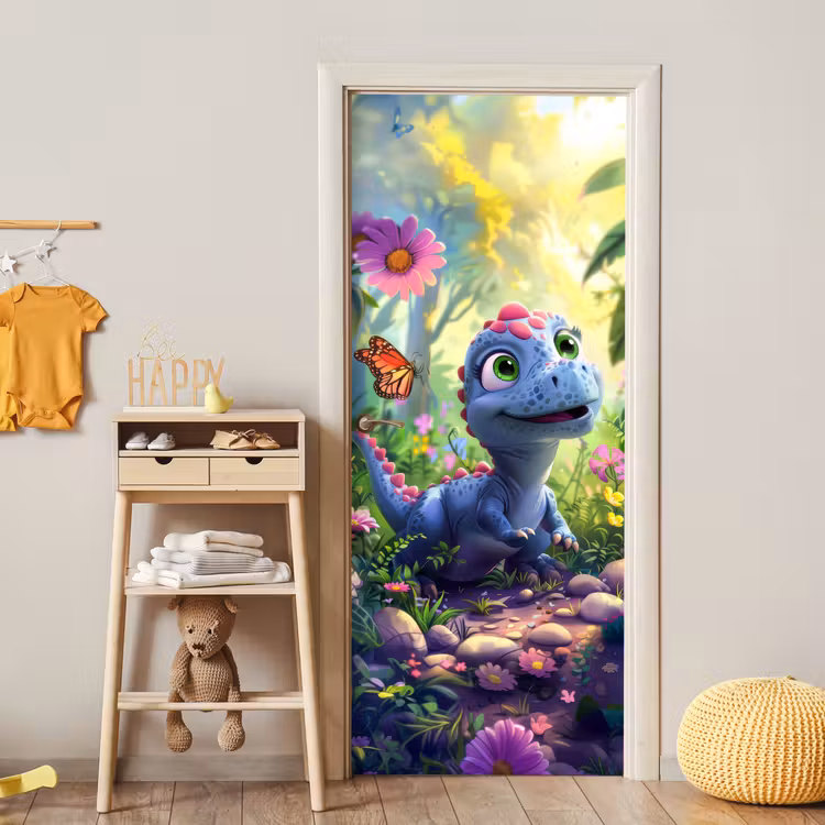 Dino - Paars - Baby - Dinosaurus deurposter klein -sfeer4