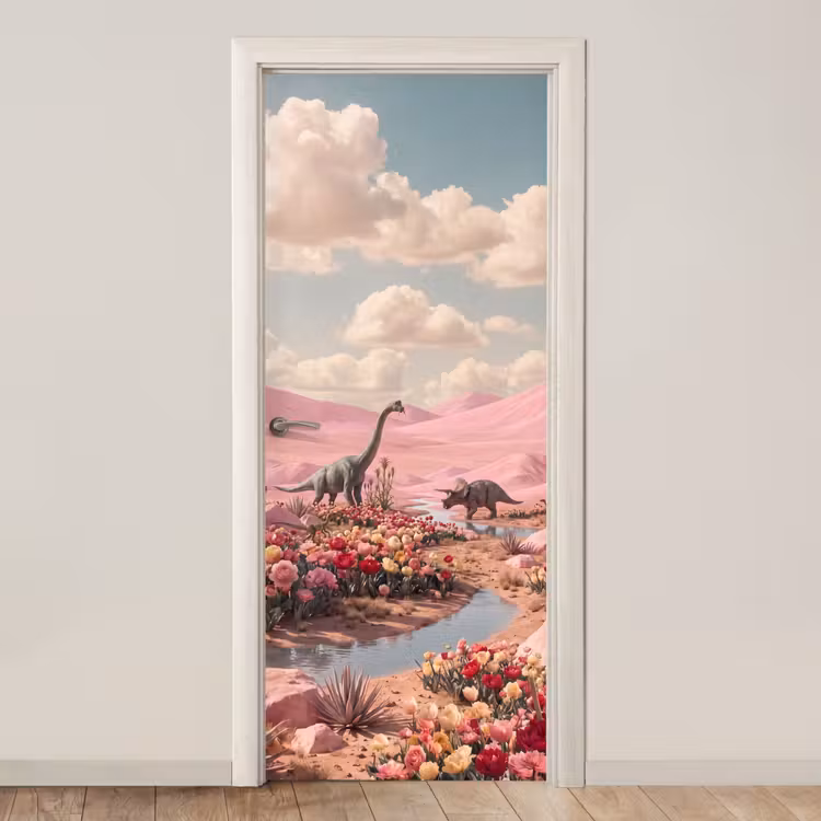Türtapete - Dinosaurier – Rosa – Landschaft - Dinosaurus - Roze - Landschap deurposter klein