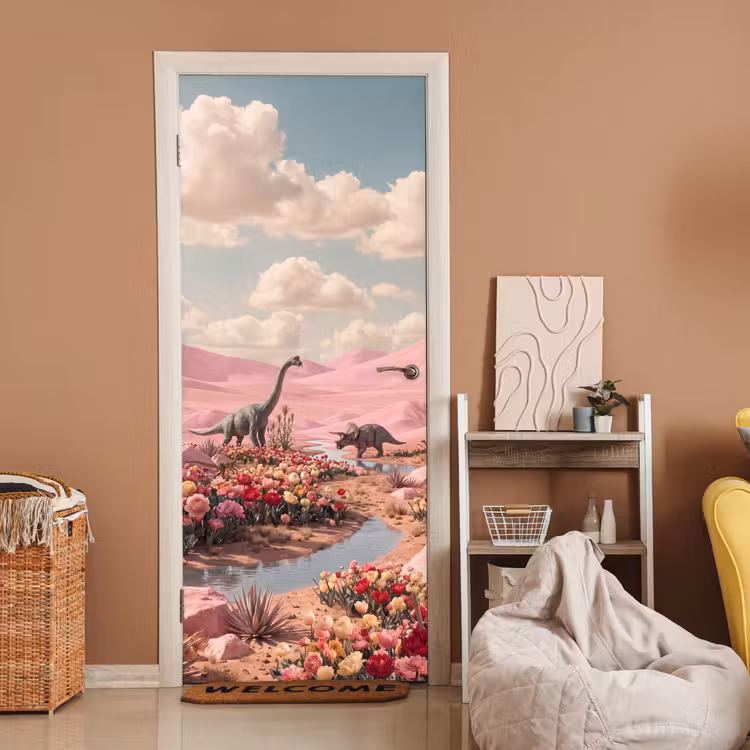 Türtapete - Dinosaurier – Rosa – Landschaft - Dinosaurus - Roze - Landschap deurposter klein